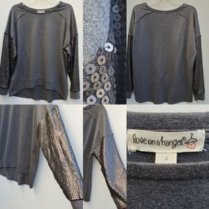 S NEW Love on a Hanger Sequin loose fit gray silver long sleeve top SMALL
